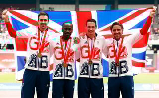 Michael Bingham '04, second from left, celebrates with his British 4x100 teammates in London on Sunday after they received their Bronze Medal from the 2008 Olympic Games in Beijing. Michael Bingham '04, second from left, celebrates with his British 4x100 teammates in London on Sunday after they received their Bronze Medal from the 2008 Olympic Games in Beijing.